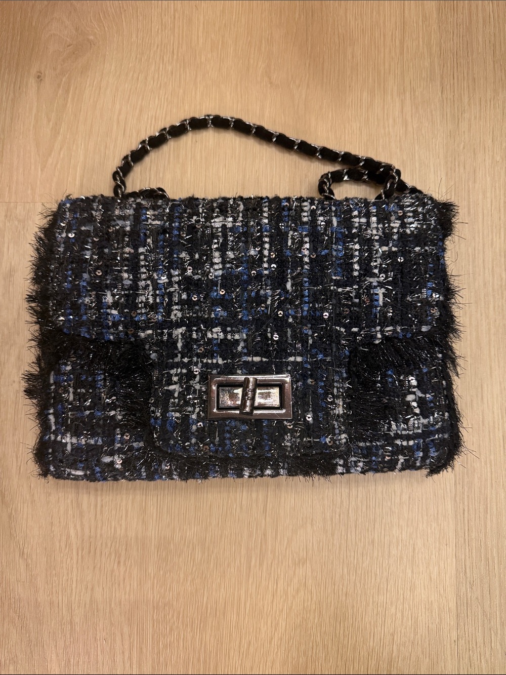 Black & Blue Tweed Shoulder Bag with Chain Strap